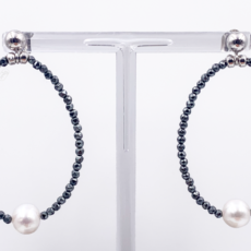 Créoles en Hématite acier et Perles d’eau douce rondes - 4cm